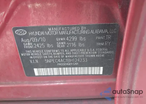 2011 Hyundai Sonata Se z USA, uszkodzony, nr VIN 5NPEC4AC1BH124233